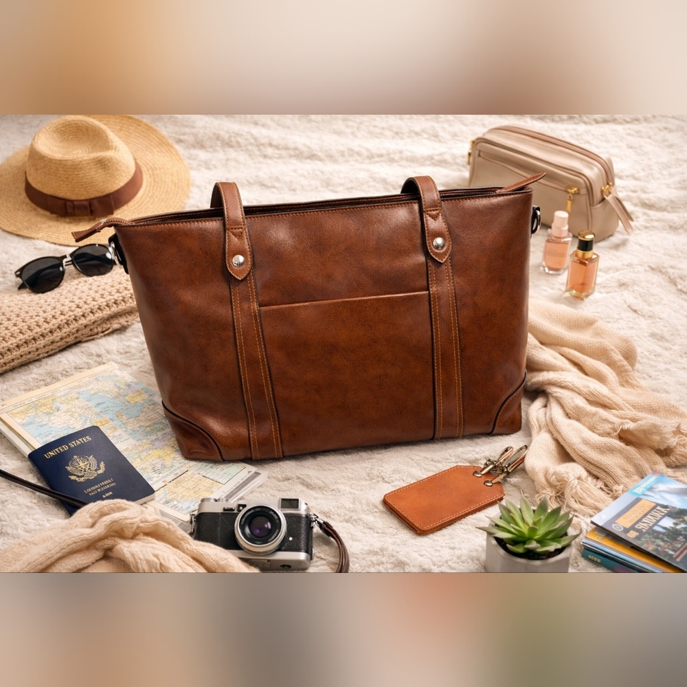 NWOT S-ZONE Brown Polished Leather Laptop Shoulder Bag. Beautiful
